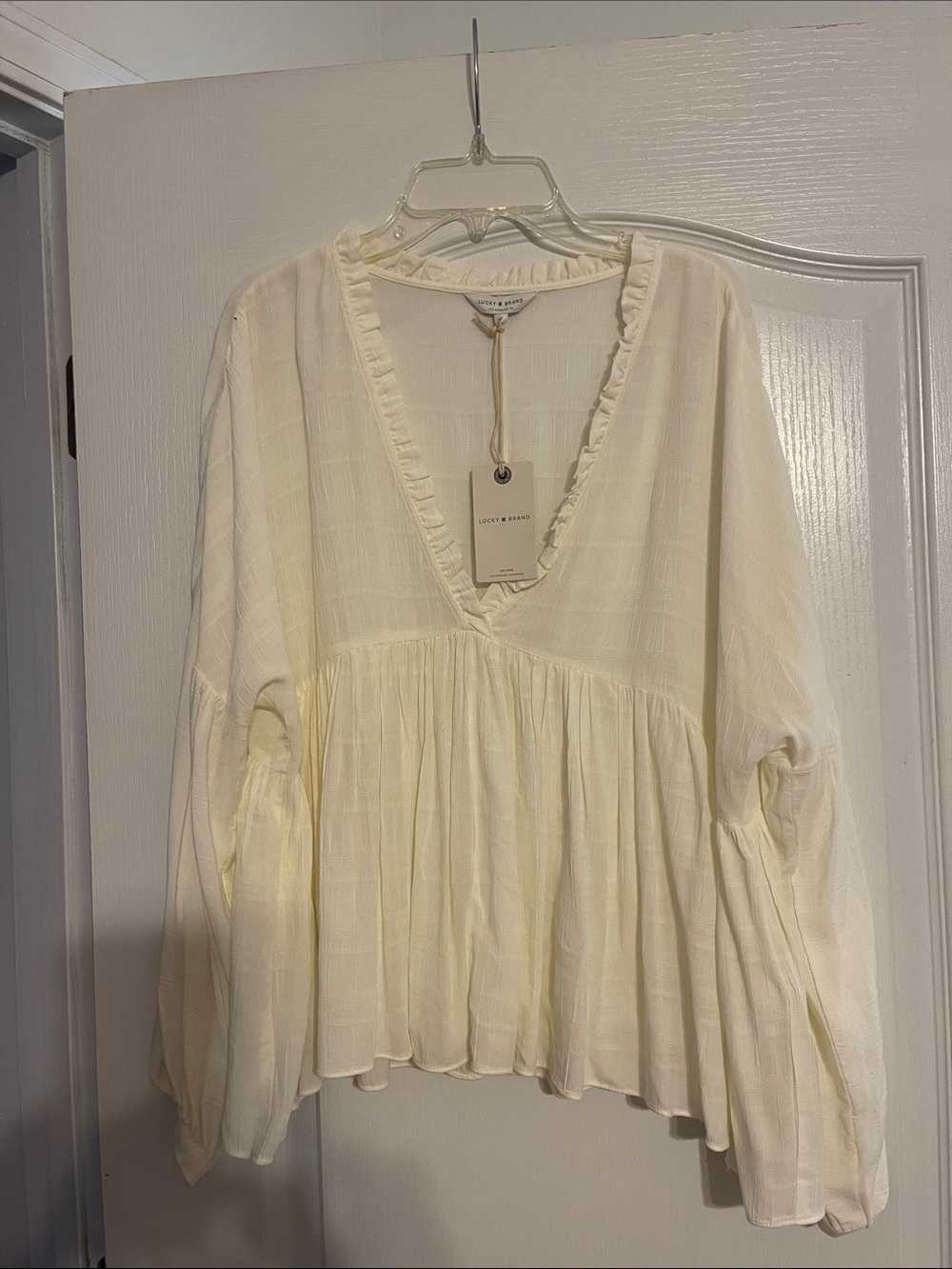 Lucky Brand Cream Ruffled V-Neck Peasant Top